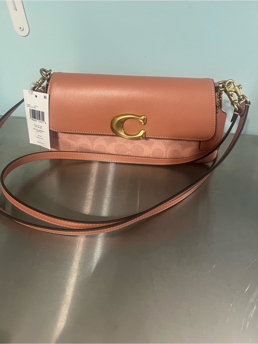 Coach Pink Signature Canvas Convertible Shoulder/Crossbody Bagw/Tan Leather Trim